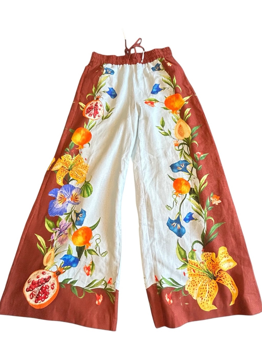 Floral Border Wide-Leg Pants in Rust and White